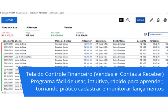 Tela do controle financeiro, vendas e contas a receber (carnês de pagamento)