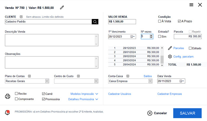 Tela de nova venda com nota promissória