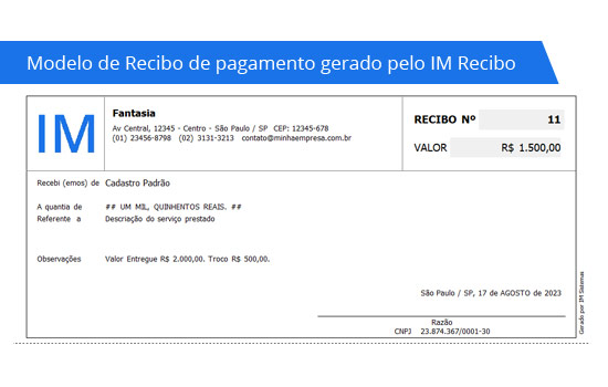 Modelo de Recibo de Pagamento gerado pelo IM Recibo