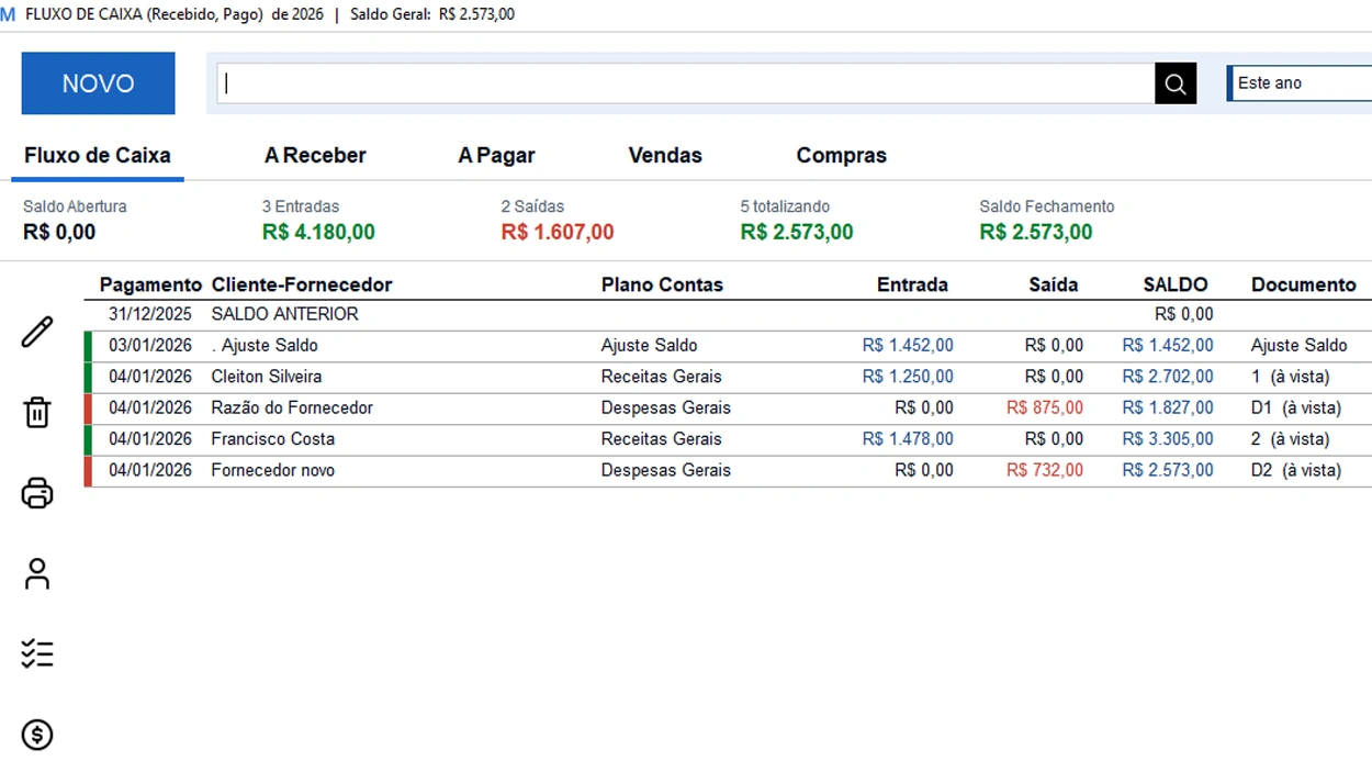 Tela do programa IM Sistemas mostrando controle financeiro simples